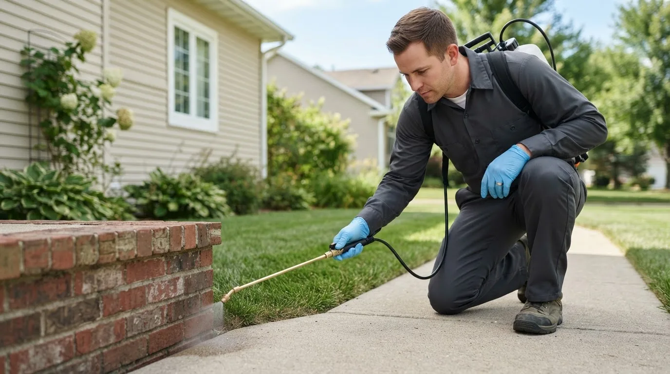 Pest control technician treating a home near Bison, KS